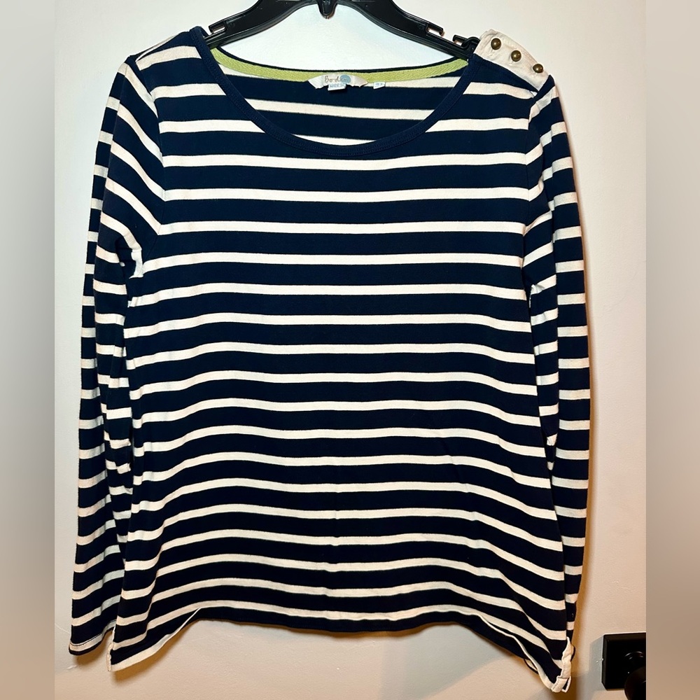 Boden navy blue with cream  stripe Breton long sleeve top US 14